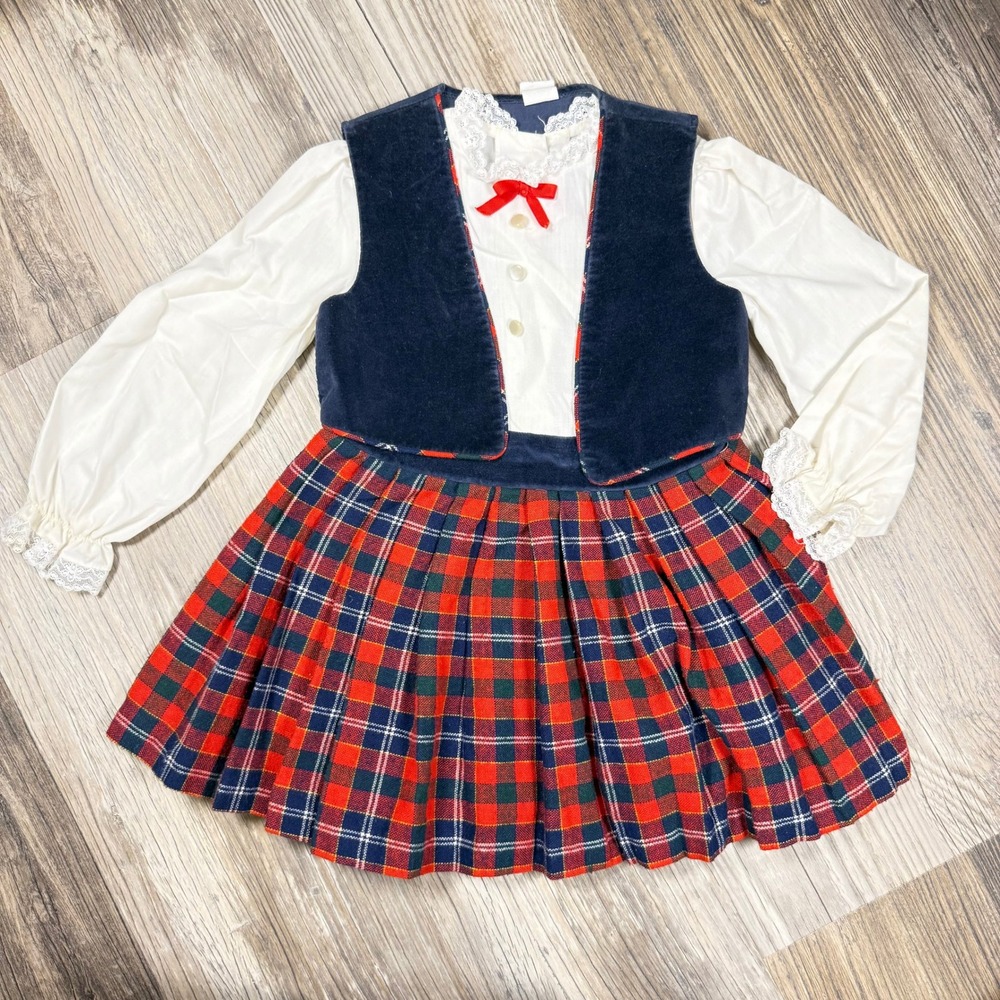 Vintage 80's Good‎ Lad Girls Plaid Dress Velvet Vest Set Size 5 Red Navy Holiday